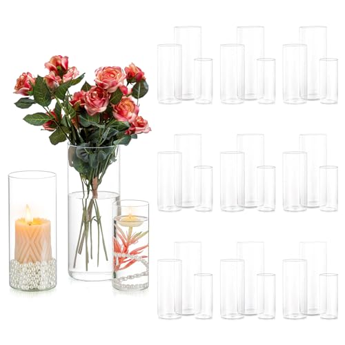 Inweder Vase Glas Zylinder Blumenvase - 30Pcs Vasen Deko Klaren Glasvase für Hochzeit Tischdeko Windlicht Glas Kerzenständer Kerzenhalter für Stumpenkerzen Schwimmende Kerzen Wohnzimmer 15+20+25cm von Inweder