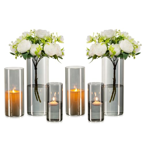 Inweder Vase Schwarz Vase Grau - 6 Stück Vase Glas Zylinder Blumenvase Vasen Deko Klaren Glasvase für Hochzeit Tischdeko Windlicht Glas Kerzenständer Kerzenhalter für Stumpenkerzen Wohnzimmer von Inweder