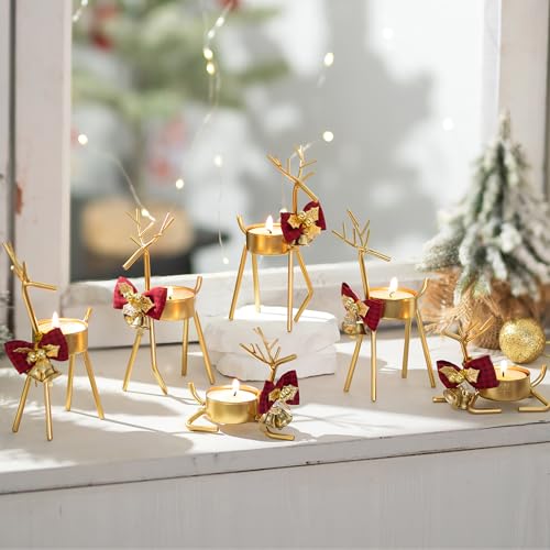 Inweder Weihnachten Rentier Teelicht Kerzenhalter: 6 Stück Gold Teelichthalter für Tafelaufsatz Kerzenständer für Kamin Deko Rentier Weihnachtsdekoration für Fenster von Inweder