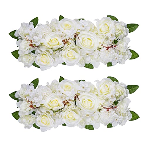 Inweder Weiße Rosen Künstliche Blumen für Dekoration 2 Pcs Blumen Panels für Tisch Dekorative Blumenarrangements mit Kunststoff-Basis Seidenblumen für Hochzeit Empfang Tisch Läufer Home Deko von Inweder