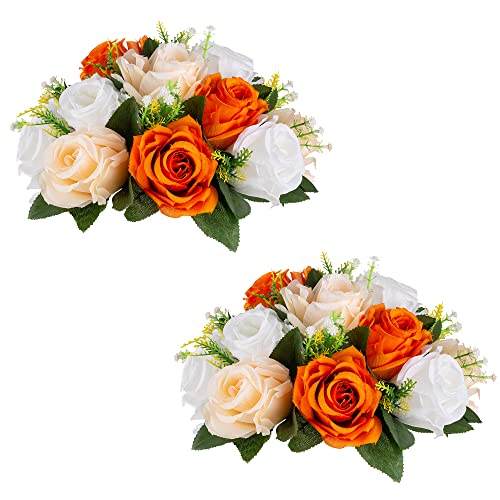 Künstliche Rosen Blumen für Tischdeko Hochzeit: 2 Pcs Orange & Weiß Kunstblumen Blumenkugeln Blumenarrangements Dekorative Künstliche Blumensträuße Fake Blumen Deko Tafelaufsatz für Party Home von Inweder