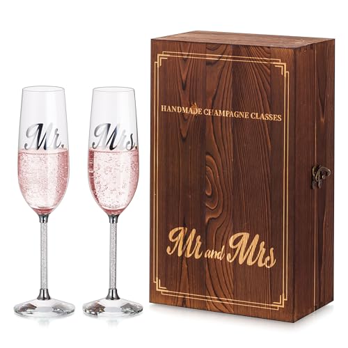 Sektgläser Champagnerflöten Hochzeit Jahrestag Geschenke - Herr und Frau Champagner Gläser mit Hölz Geschenk Box Set von 2 Kristall Silber Weingläs für Paar Geburtstag Verlobung Braut Bräutigam von Inweder