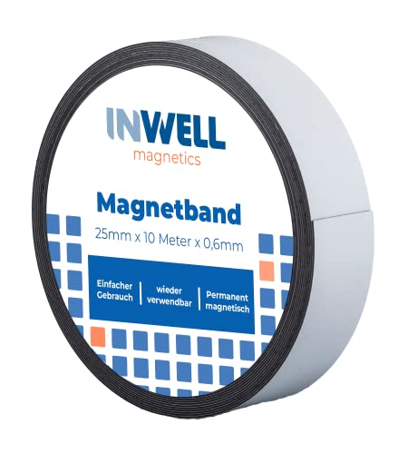 Inwell - Magnetband 25 mm in Farbe weiß auf Rol | 10 meter | NICHT Selbstklebend | Beschreibbare weiße Vinylschicht | Starker Magnetkraft | Magnetstreifen von Inwell