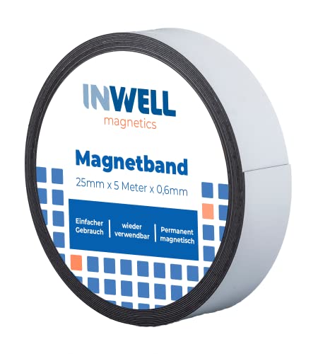 Inwell - Magnetband 25 mm in Farbe weiß auf Rol | 5 meter | NICHT Selbstklebend | Beschreibbare weiße Vinylschicht | Starker Magnetkraft | Magnetstreifen von Inwell