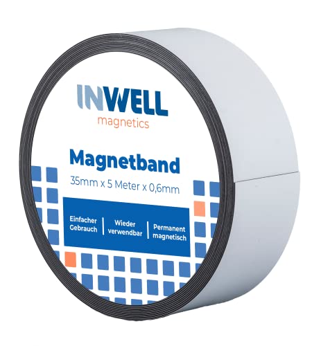 Inwell - Magnetband 35 mm in Farbe weiß auf Rol | 5 meter | NICHT Selbstklebend | Beschreibbare weiße Vinylschicht | Starker Magnetkraft | Magnetstreifen Inwell - Magnetband 35 mm in Farbe weiß auf Rol | 5 meter | NICHT Selbstklebend | Beschreibbare weiße Vinylschicht | Starker Magnetkraft | Magnetstreifen von Inwell