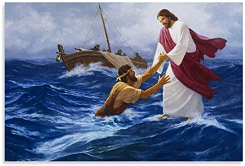 Iooie Leinwand Malerei Bild Jesus Christus Christus geht auf dem Wasser für Wohnzimmerdekoration Poster Wandkunst Bilder Und Drucke 19.7"x27.6"(50x70cm) Kein Rahmen von Iooie