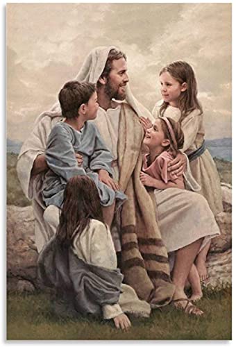 Iooie Leinwand Malerei Bild Jesus und Kinder christlicher Glaube und Bild für Raumdekoration Poster Wandkunst Bilder Und Drucke 23.6"x31.5"(60x80cm)  Kein Rahmen von Iooie