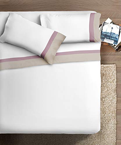 IPERSAN Bettwäsche-Set mit Doppelbalanz, Satin, Baumwolle, 2 Quadratmeter, cremefarben/Malve, weißer Boden von Ipersan