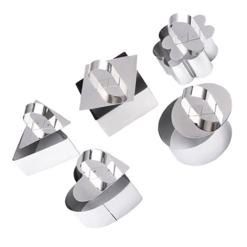 Ipetboom 5 Stück Teiliges Edelstahl Mousse Ringe Backform mit Verschiedenen Formen Rund Dreieckig Quadratisch Blume Herz für Kuchen Kekse und Dessert Langlebig und Leicht zu Reinigen von Ipetboom