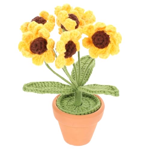 Ipetboom Handgefertigtes Gehäkeltes Sonnenblumen Ornament im Topf Künstliche Blume aus Baumwollgarn Dekoratives Desktop Accessoire für Büro und Zuhause Gelb Mini Kunstpflanzen Topf von Ipetboom
