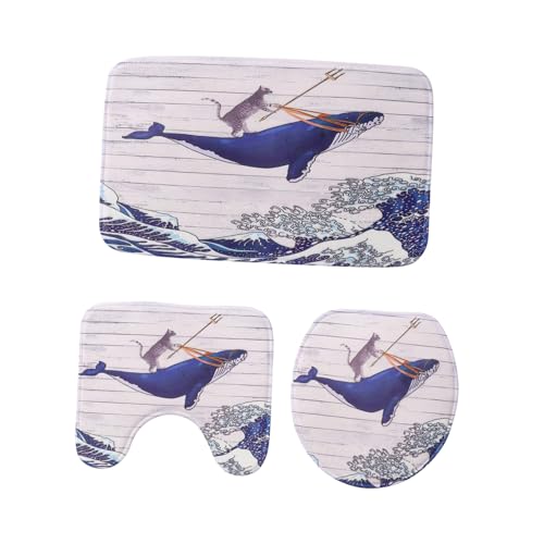 Ipetboom Teiliges Japanischer Stil Badematten mit Katzen wal Motiv Weiche Saugfähige Badezimmerteppiche rutschfeste Wc konturmatte Waschbare Badvorleger für Wc Bereich von Ipetboom
