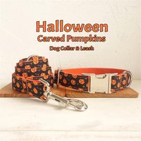 Halloween Hundehalsband & Leine. Geschnitzte Kürbisse Kragen. Personalisiertes Graviertes Hundehalsband. Schwarz Und Orange Gruseliges von Ipetdesigns