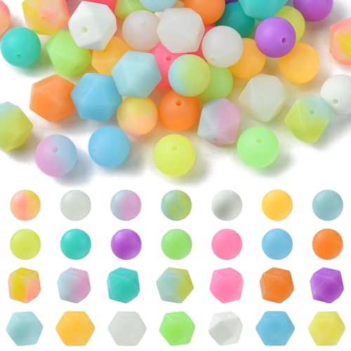 Ipotkitt 56 Stück 28 Farben 15 mm leuchtende Silikon-Focal-Perlen, runde Polygon-Abstandshalter, Gummi-Fokusperlen für DIY-Halsketten, Armbänder, Schmuckherstellung, Handwerk von Ipotkitt