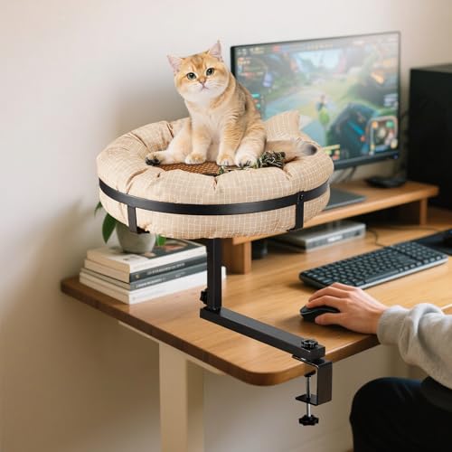 Iptienda Katzenbett für Schreibtisch,Katzenbett 360°Drehung,Katzenkorb Katzenkissen verstellbare Höhe,Hängematte Katze Hält Kätzchen Katze nah und Arbeitsbereich Klarer Tisch Katzen Fensterliege-Gelb von Iptienda