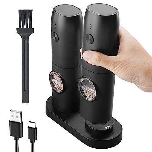 IraXpro Elektrische Salz und Pfeffermühle 2er Set mit Wiederaufladbarer Basis,LED-Licht,Reinigungsbürste,Keramischer Mahlkern,Einstellbare Mahlgrobheit,Salz und Pfeffermühle für BBQ,Küche,Restaurant von IraXpro