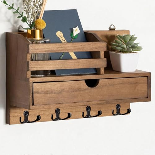 Irayin Schlüsselbrett Holz mit Ablage, Schlüsselhalter Holz mit 4 Doppel Schlüsselhaken und Aufbewahrungsschublade, Wand Schlüsselboard für Eingangsbereich, Flur, Wohnzimmer, Büro - Braun von Irayin