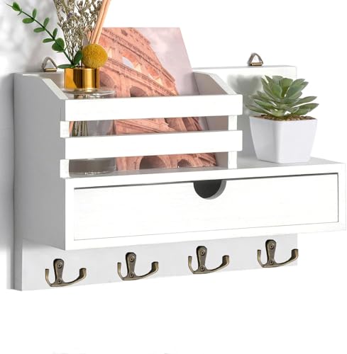 Irayin Schlüsselbrett Holz mit Ablage, Schlüsselhalter Holz mit 4 Doppel Schlüsselhaken und Aufbewahrungsschublade, Wand Schlüsselboard für Eingangsbereich, Flur, Wohnzimmer, Büro - Weiß von Irayin