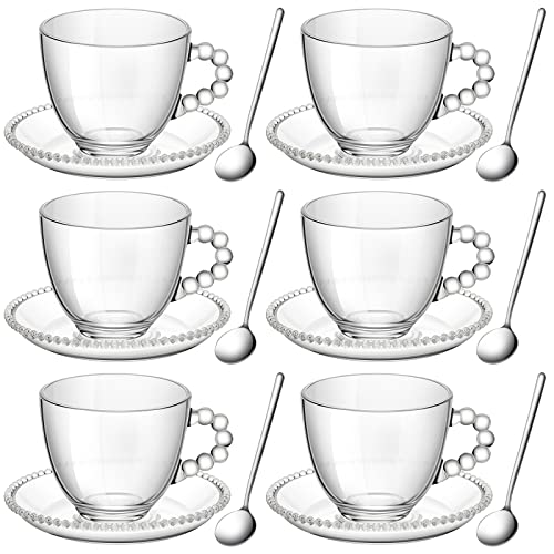 Irenare Set mit 6 Glas-Kaffeetassen mit Untertasse, Espressotassen, 237 ml, transparent, niedliches Glasbecher, Perlen-Design, kleine Demitasse-Tassen mit 6 Edelstahl-Löffeln für Cappuccino, Tee, von Irenare