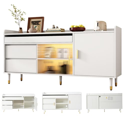 Modernes Sideboard-TV-Ständer-Kombination mit Glasschiebetüren & LED-Beleuchtung – Elegante Freistehende Kommode aus Holz in Weiß für Wohnzimmer, Esszimmer oder Flur – Multifunktional als Buffetschran von Irezeder