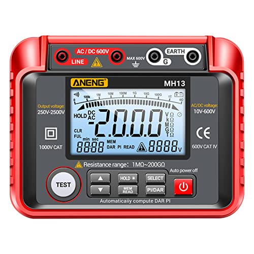 Irfora MH13 250V-2500V Digitaler Isolationswiderstandstester 1MΩ-200GΩ Megger Megohm Test Meter Auto Range 2000 Counts LCD Display 10V~600V AC/DC Voltmeter mit 100 Datenspeicher von Irfora