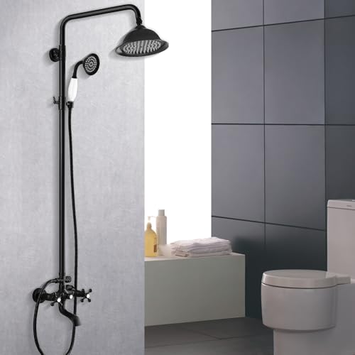 Duschsäule Vintage Dusche Duschkopf Komplett Duschstange mit Duschkopf und Handbrause verstellbar 118 cm Rückseite (Schwarz) von Iriisy