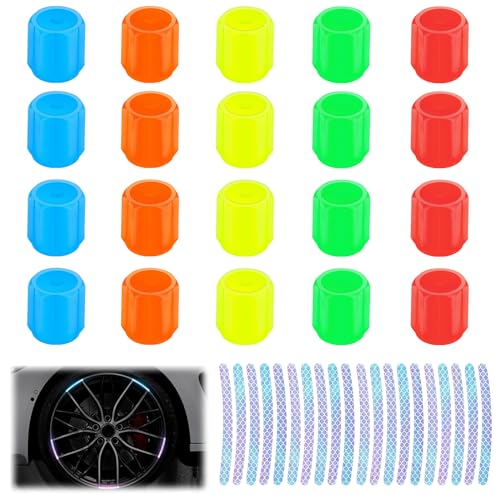 Irikdescia® 20 Stück Reifenventilkappen für Autos, mit 20 Prismenfarbe Reflektierende Fluoreszierende Aufkleber, Ventilkappen Auto Leuchtend, Ventildeckel (Mehrfarbig) von Irikdescia