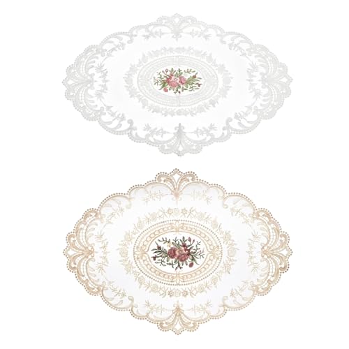 Irikdescia 2 Stück Retro Lace Placemats, Beige Häkeldeckchen, Spitzendeckchen für Tische, Ovale Tischsets aus Spitze, Dekorative Kleine Tischdecke, Elegante Tischdeckchen von Irikdescia