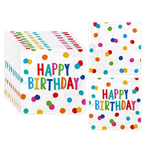 Irikdescia 20 Stück Happy Birthday Party Servietten, Buntes Punkte Design, Geburtstag Deko Tischdeko, Happy Birthday Napkins Papier für Tischdeko Geburtstag von Irikdescia
