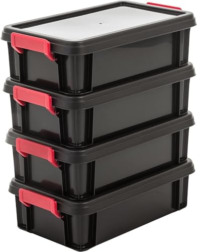 Iris Ohyama, Kunststoff-Aufbewahrungsbox, 4-Liter-Garage-Aufbewahrungsbox, 4er-Set, stapelbar, MBX-4, Schwarz, stapelbar, Verschlussklammern ? B36,5 x T21,5 x H10,5 cm von Iris Ohyama