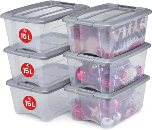 Iris Ohyama, 6er-Set, Aufbewahrungsboxen, 15 L, mit Clips, stapelbar, Wohnzimmer, Schlafzimmer, Garage - New Top Box NTB-15 - Grau / Transparent von Iris Ohyama