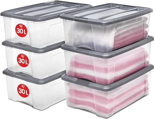 Iris Ohyama, 6er-Set, Aufbewahrungsboxen, 30 L, mit Clips, stapelbar, Wohnzimmer, Schlafzimmer, Garage - New Top Box NTB-30 - Grau / Transparent von Iris Ohyama