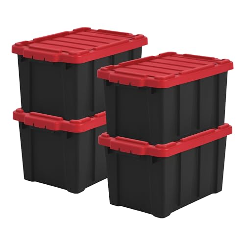 Iris Ohyama, 21L Plastik Aufbewahrungsbox für die Garage, 4er Set, DDSKT-210, Schwarz/Rot, L46.5 x T29.5 x H25.5 cm. von Iris Ohyama