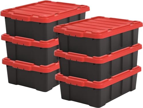 Iris Ohyama, 25L Plastik Aufbewahrungsbox für die Garage, 6er Set, DDSKT-230, Schwarz/Rot, L59 x T38.5 x H18 cm von Iris Ohyama