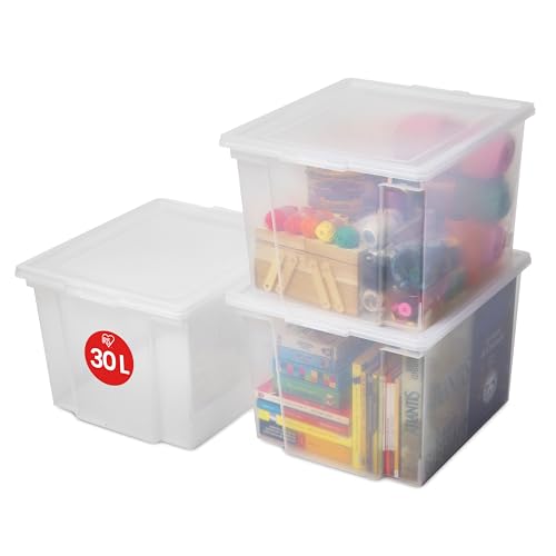 Iris Ohyama Vielseitige Aufbewahrungsboxen, 30L, 3er-Set, Transparent, Leicht schließba Deckel, Stapelbar, Plastik, Für Schrank, Regale, Organisation, Kleidung, Bettlaken, Garage, USB-M von Iris Ohyama