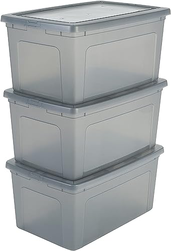 Iris Ohyama, Kunststoffboxen mit gewölbtem Deckel und Klammern, 50L, 3er-Set, nestbar, BPA-frei, Büro, Wohnzimmer, MCB-50, Grau von Iris Ohyama