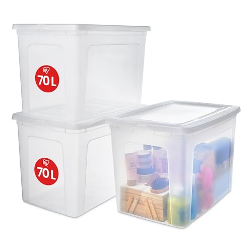 Iris Ohyama Vielseitige Aufbewahrungsboxen, 70L, 3er-Set, Transparent, Deckel leicht schließbar, Stapelbar, Plastik, Für Schrank, Regale, Klassenzimmer, Organisation, Kunstbedarf, Schuhe, MCB-70 von Iris Ohyama