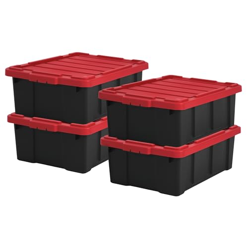 Iris Ohyama, 43L Plastik Aufbewahrungsbox für die Garage, 4er Set, DDSKT-430, Schwarz/Rot, B64 x T45 x H23 cm. von Iris Ohyama