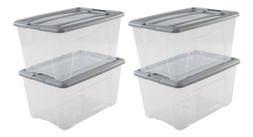 Iris Ohyama, 4er-Set, Aufbewahrungsboxen, 45 L, mit Clips, stapelbar, Wohnzimmer, Schlafzimmer, Garage - New Top Box NTB-45 - Grau / Transparent von Iris Ohyama