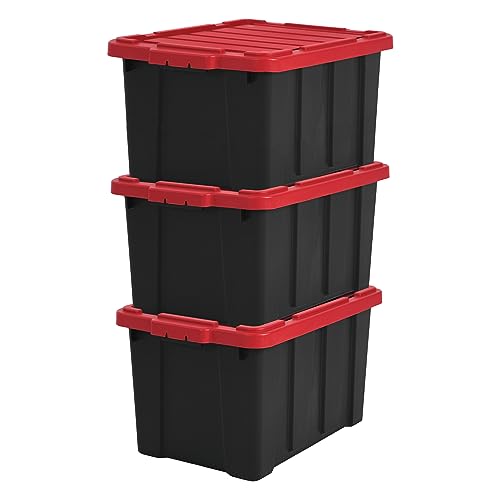 Iris Ohyama, 50L Plastik Aufbewahrungsbox für die Garage, 3er Set, DDSKT 450, Schwarz/Rot, B59 x T38.5 x H32 cm. von Iris Ohyama