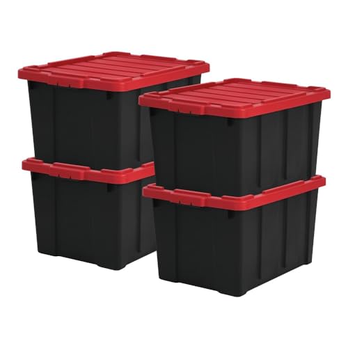 Iris Ohyama, 68L Plastik Aufbewahrungsbox für die Garage, 4er Set, DDSKT-700, Schwarz/Rot, B64 x T45 x H35.5 cm von Iris Ohyama