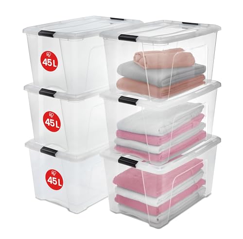 Iris Ohyama, 6er-Set, Aufbewahrungsboxen, 45 L, mit Clips, stapelbar, Wohnzimmer, Schlafzimmer, Garage - New Top Box NTB-45 - Transparent von Iris Ohyama