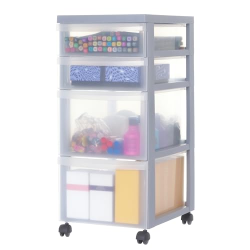 Iris Ohyama, A4 Schubladenbox, 2 Schubladen 15L und 2 Schubladen 7L transparente, mit Rädern, DC-322, für Büro, Wohnzimmer, Kinderzimmer, Kunststoff, Grau- B29 x T40 x H61.5 cm von Iris Ohyama