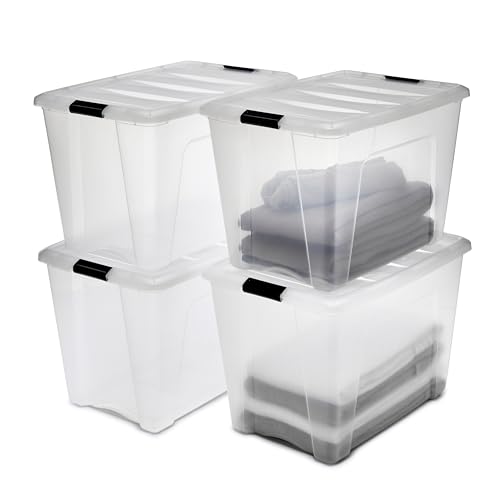 Iris Ohyama, Aufbewahrungsbox aus Kunststoff, 60 l Büro-Aufbewahrungsbox, 4er-Set, DDNTB-60, transparent, stapelbar, Verschlussclips, B58 x T39,5 x H36,5 cm von Iris Ohyama