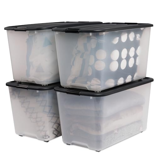 Iris Ohyama, Kunststoff-Aufbewahrungsbox, 70 l Garagen-Aufbewahrungsbox, 4er-Set, BPA-frei, TBR-70, Schwarz, stapelbar, Verschlussklammern ? B68 x T39 x H38 cm von Iris Ohyama