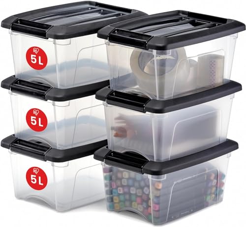 Iris Ohyama, Kunststoff-Aufbewahrungsbox, 5-Liter-Garage-Aufbewahrungsbox, 6er-Set, BPA-frei, NTB-5, Schwarz, stapelbar, Verschlussklammern ? B28 x T19,5 x H14 cm von Iris Ohyama