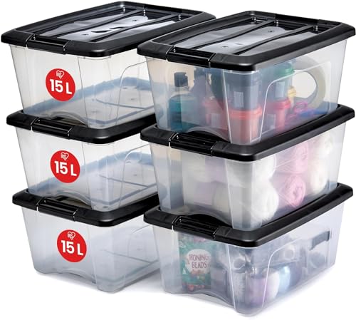 Iris Ohyama, Kunststoff-Aufbewahrungsbox, 15 l Garagen-Aufbewahrungsbox, 6er-Set, NTB-15, transparent, stapelbar, Verschlussklammern ? B39,5 x T29 x H18,5 cm von Iris Ohyama