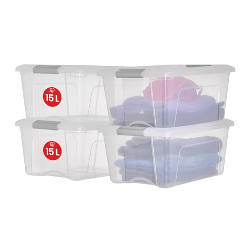 Iris Ohyama, 4er-Set Aufbewahrungsboxen aus Kunststoff mit Deckel, Stapelbare Aufbewahrungsboxen, 15L, BPA-frei, Spielzimmer, Schlafzimmer, Transparent / Griff Silber, L29 x T39.5 x H18.5 cm von Iris Ohyama