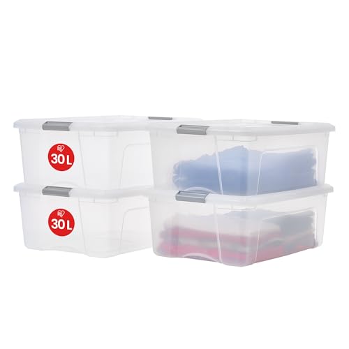 Iris Ohyama, 4er-Set Aufbewahrungsboxen aus Kunststoff mit Deckel, Große stapelbare Aufbewahrungsboxen, 30L, BPA-frei, Waschraum, Transparent / Silbergriffe, L39.5 x T58 x H20.5 cm von Iris Ohyama