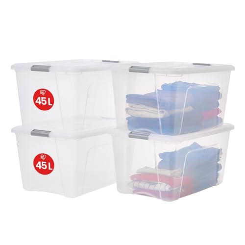 Iris Ohyama, 4er-Set Kunststoff-Aufbewahrungsboxen mit Deckel, Große stapelbare Aufbewahrungsboxen, 45L, BPA-frei, Waschküche, Büro, Transparent / Silbergriffe, L39 x T58 x H30 cm. von Iris Ohyama