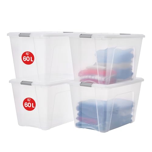 Iris Ohyama, 4er-Set Aufbewahrungsboxen aus Kunststoff mit Deckel, Große stapelbare Aufbewahrungsboxen, 60L, BPA-frei, Waschküche, Büro, Transparent / Silbergriffe, L39.5 x T58 x H36.5 cm von Iris Ohyama